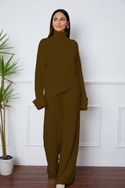 Turtleneck Dropped Shoulder Top and Pants Sweater Set - Femme Allure