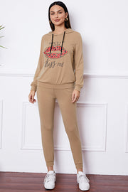 SHUT UP AND KISS ME Lip Graphic Hooded Top and Drawstring Pants Set - Femme Allure