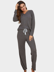 Notched Long Sleeve Top and Pants Set - Femme Allure