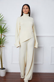 Turtleneck Dropped Shoulder Top and Pants Sweater Set - Femme Allure