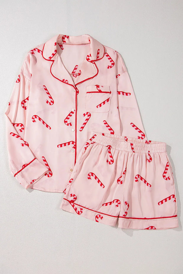 Candy Cane Collared Neck Long Sleeve Top and Shorts Lounge Set