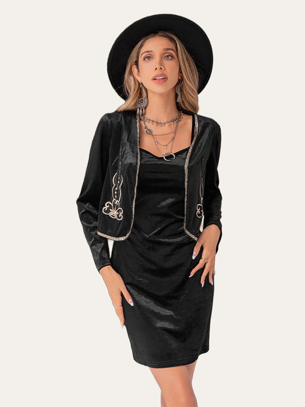 Embroidered Open Front Cardigan and Cami Dress Set