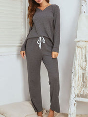 Notched Long Sleeve Top and Pants Set - Femme Allure