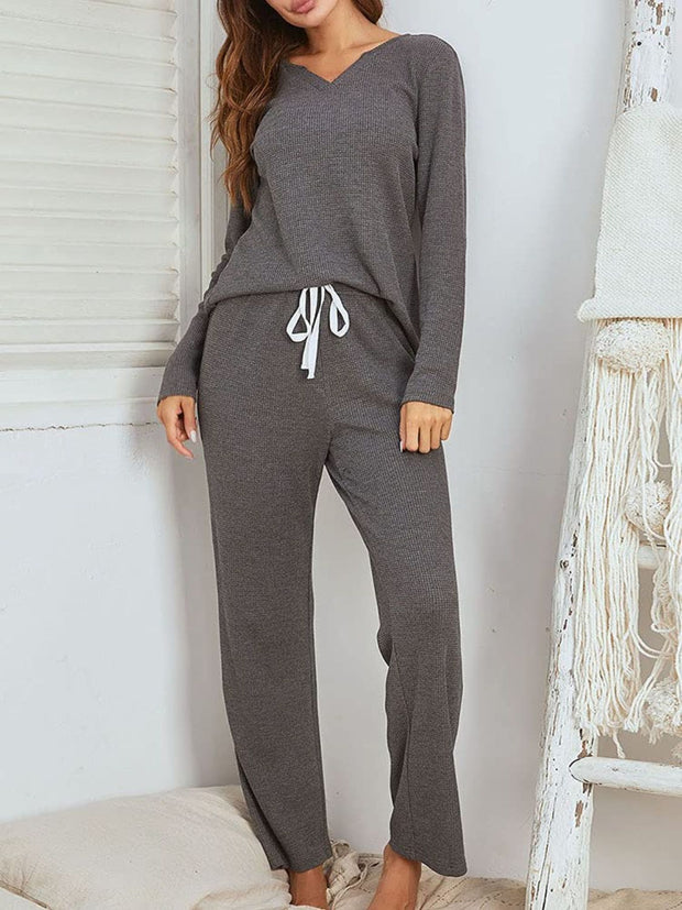 Notched Long Sleeve Top and Pants Set - Femme Allure