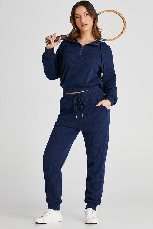 Drawstring Half Zip Hoodie and Joggers Active Set - Femme Allure