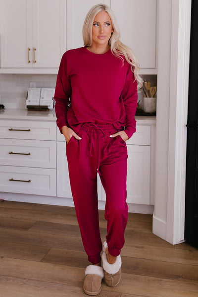 Round Neck Top and Drawstring Pants Lounge Set - Femme Allure