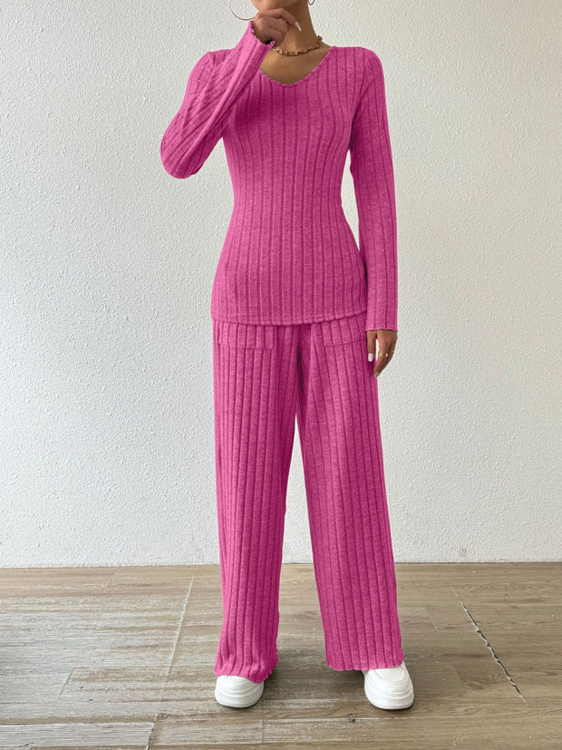 Ribbed V-Neck Long Sleeve Top and Pocketed Pants Set