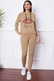 SHUT UP AND KISS ME Lip Graphic Hooded Top and Drawstring Pants Set - Femme Allure