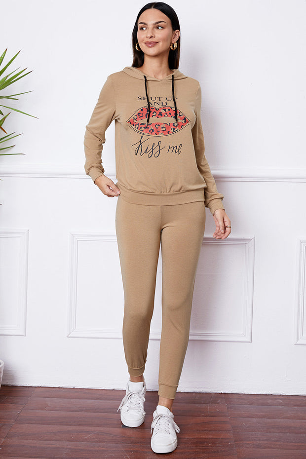 SHUT UP AND KISS ME Lip Graphic Hooded Top and Drawstring Pants Set - Femme Allure