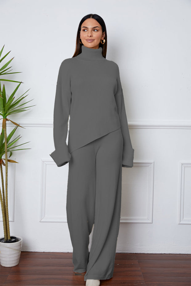 Turtleneck Dropped Shoulder Top and Pants Sweater Set - Femme Allure