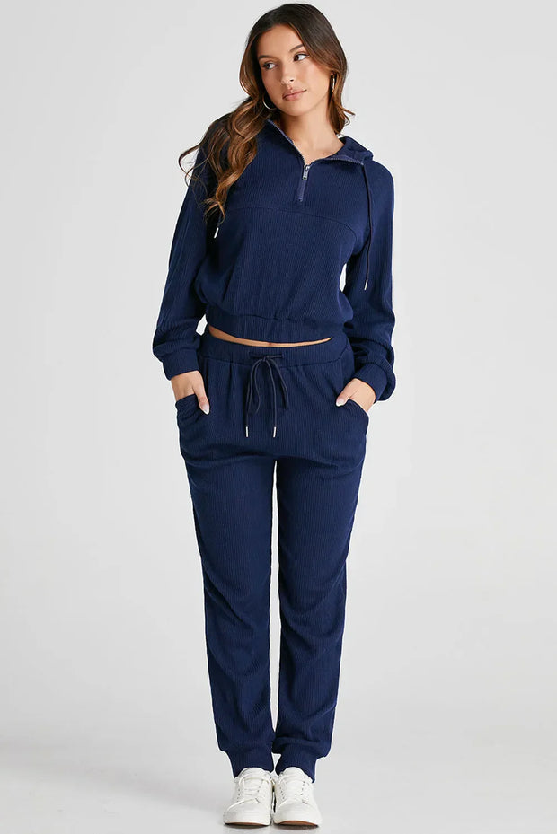 Drawstring Half Zip Hoodie and Joggers Active Set - Femme Allure