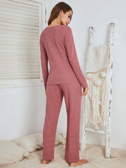 Notched Long Sleeve Top and Pants Set - Femme Allure