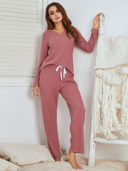 Notched Long Sleeve Top and Pants Set - Femme Allure