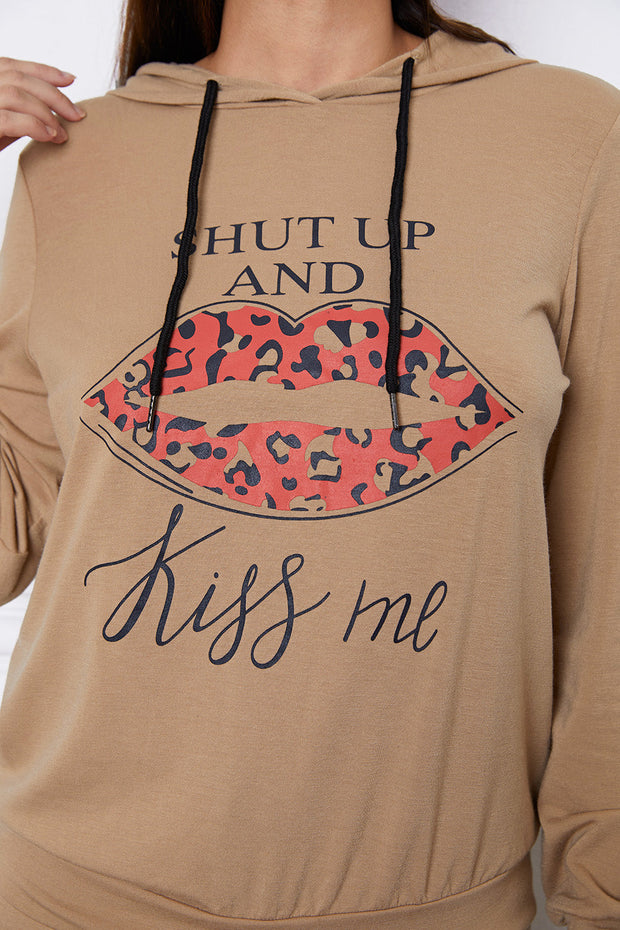 SHUT UP AND KISS ME Lip Graphic Hooded Top and Drawstring Pants Set - Femme Allure