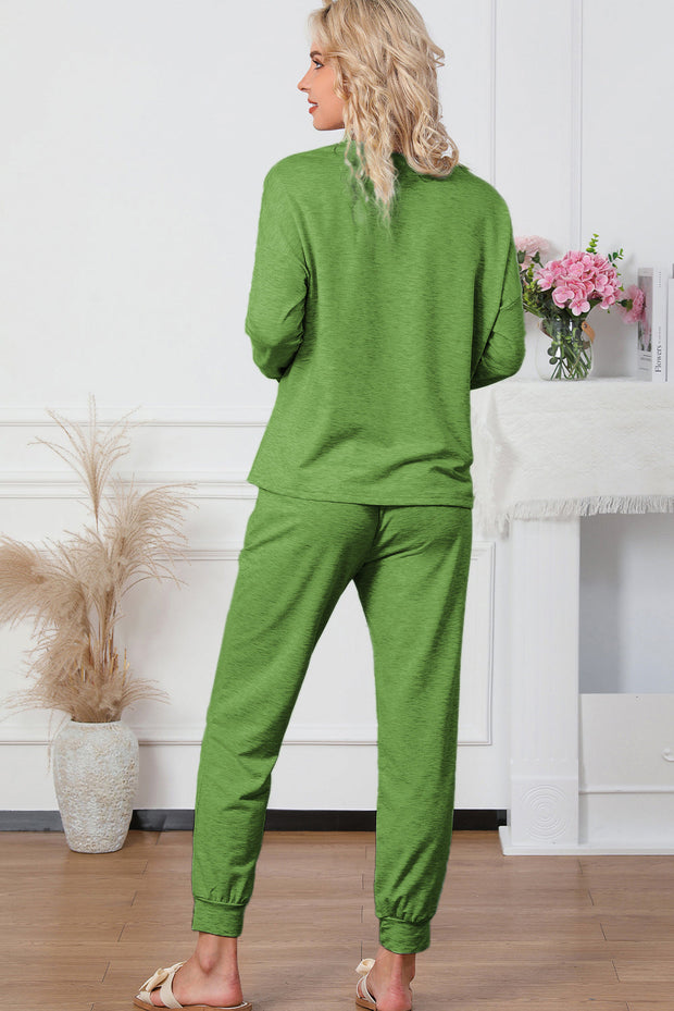 Round Neck Top and Drawstring Pants Lounge Set - Femme Allure