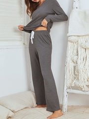 Notched Long Sleeve Top and Pants Set - Femme Allure