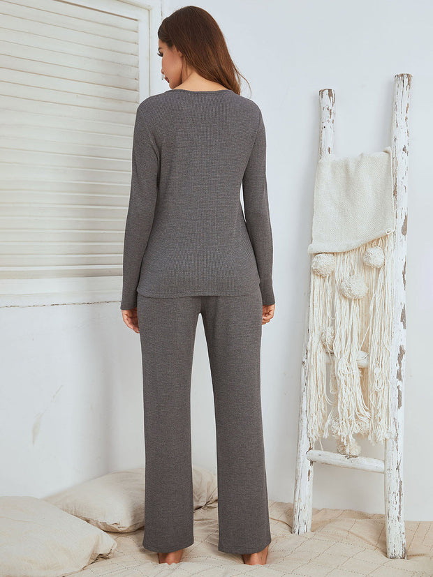 Notched Long Sleeve Top and Pants Set - Femme Allure